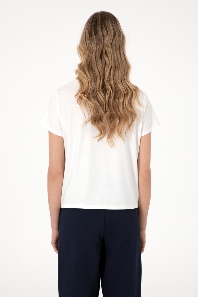 Kadın Beyaz Simli V Yaka Tişört - 50305781013