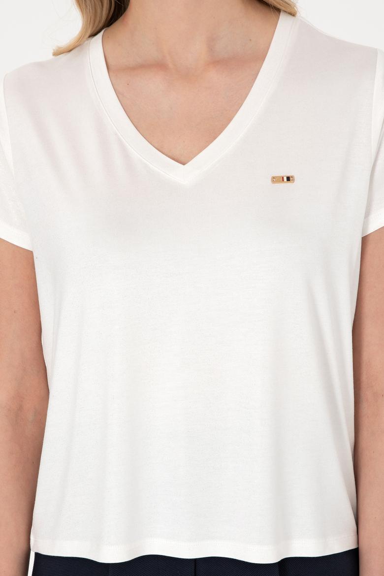 Kadın Beyaz Simli V Yaka Tişört - 50305781013