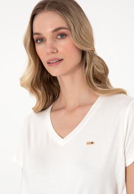 Kadın Beyaz Simli V Yaka Tişört - 50305781013