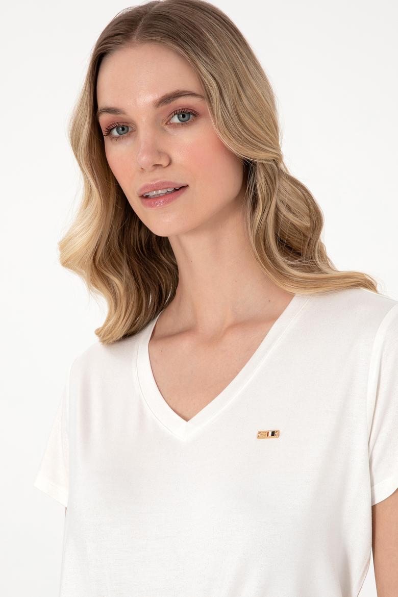 Kadın Beyaz Simli V Yaka Tişört - 50305781013