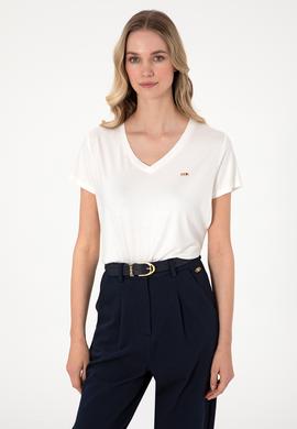 Kadın Beyaz Simli V Yaka Tişört - 50305781013