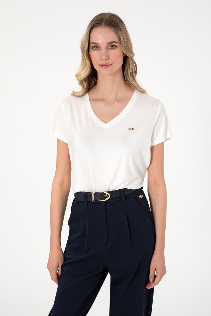 Kadın Beyaz Simli V Yaka Tişört