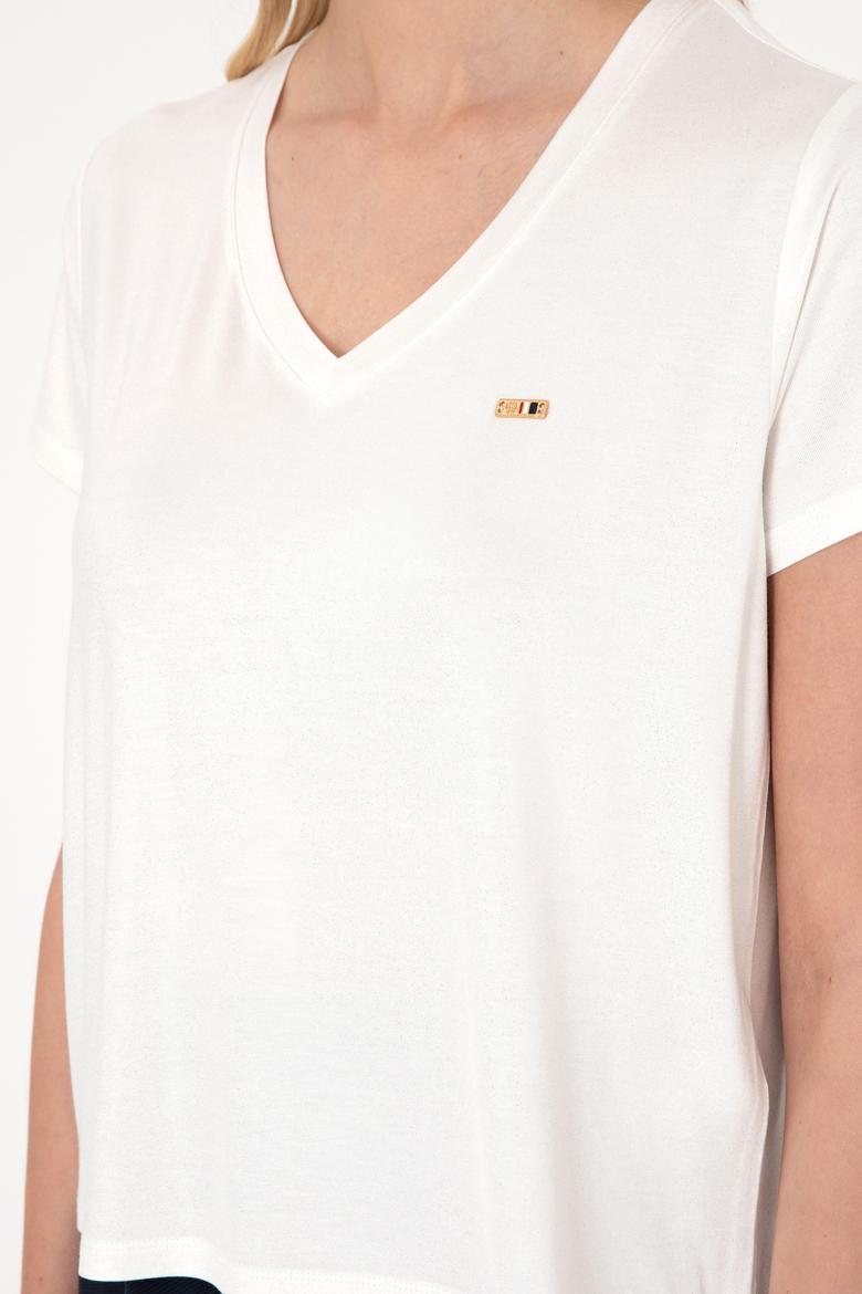 Kadın Beyaz Simli V Yaka Tişört - 50305781013