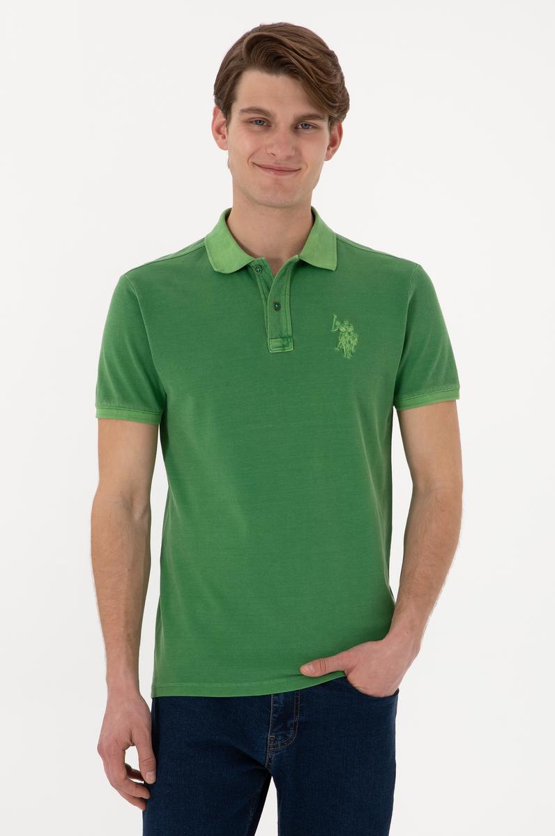Erkek Slim Fit Polo Yaka Yeşil Yıkamalı Basic Tişört