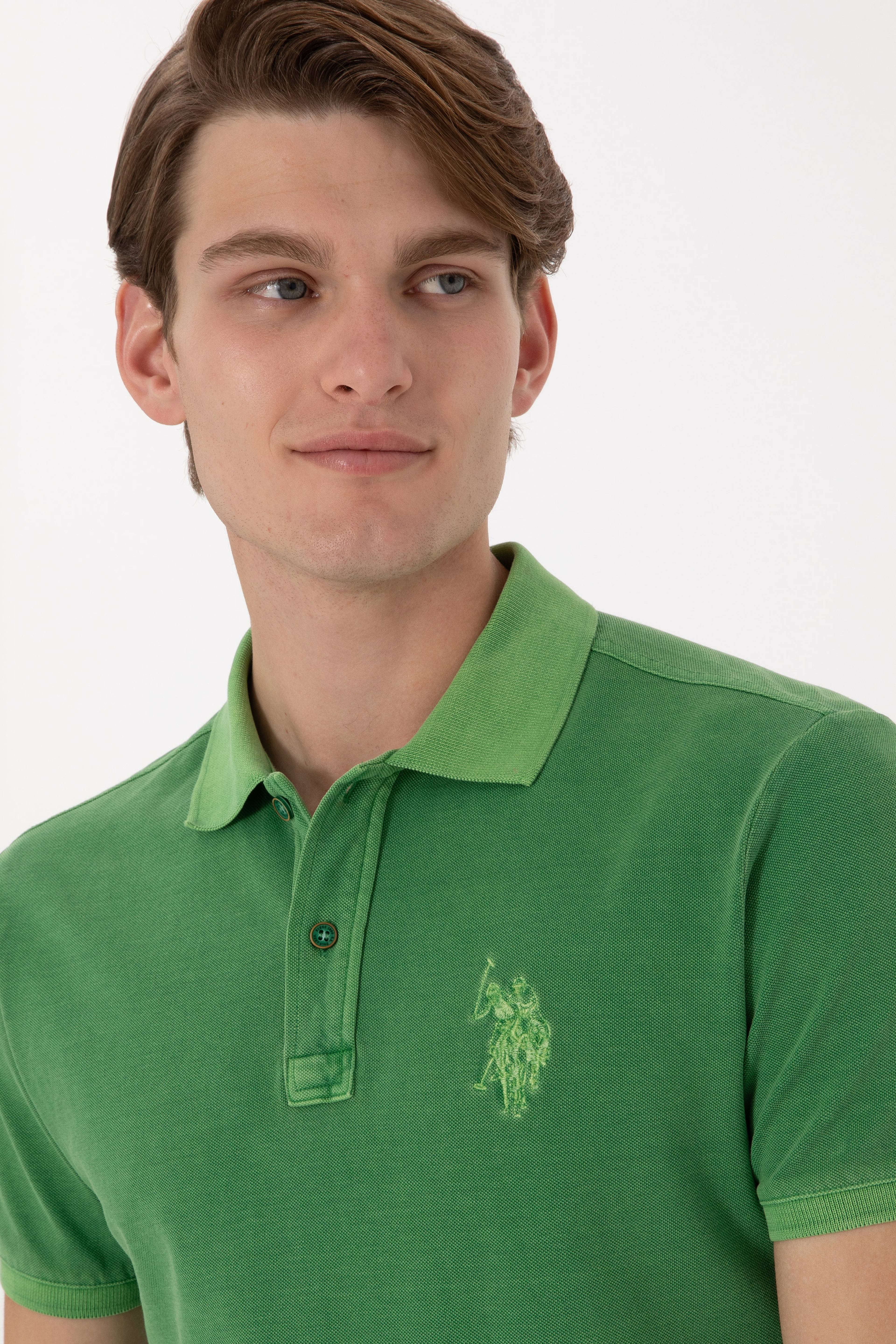 Erkek Slim Fit Polo Yaka Yeşil Yıkamalı Basic Tişört - Image 3