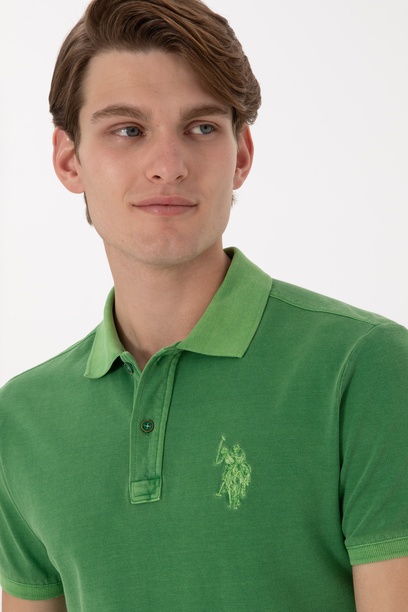 Erkek Slim Fit Polo Yaka Yeşil Yıkamalı Basic Tişört