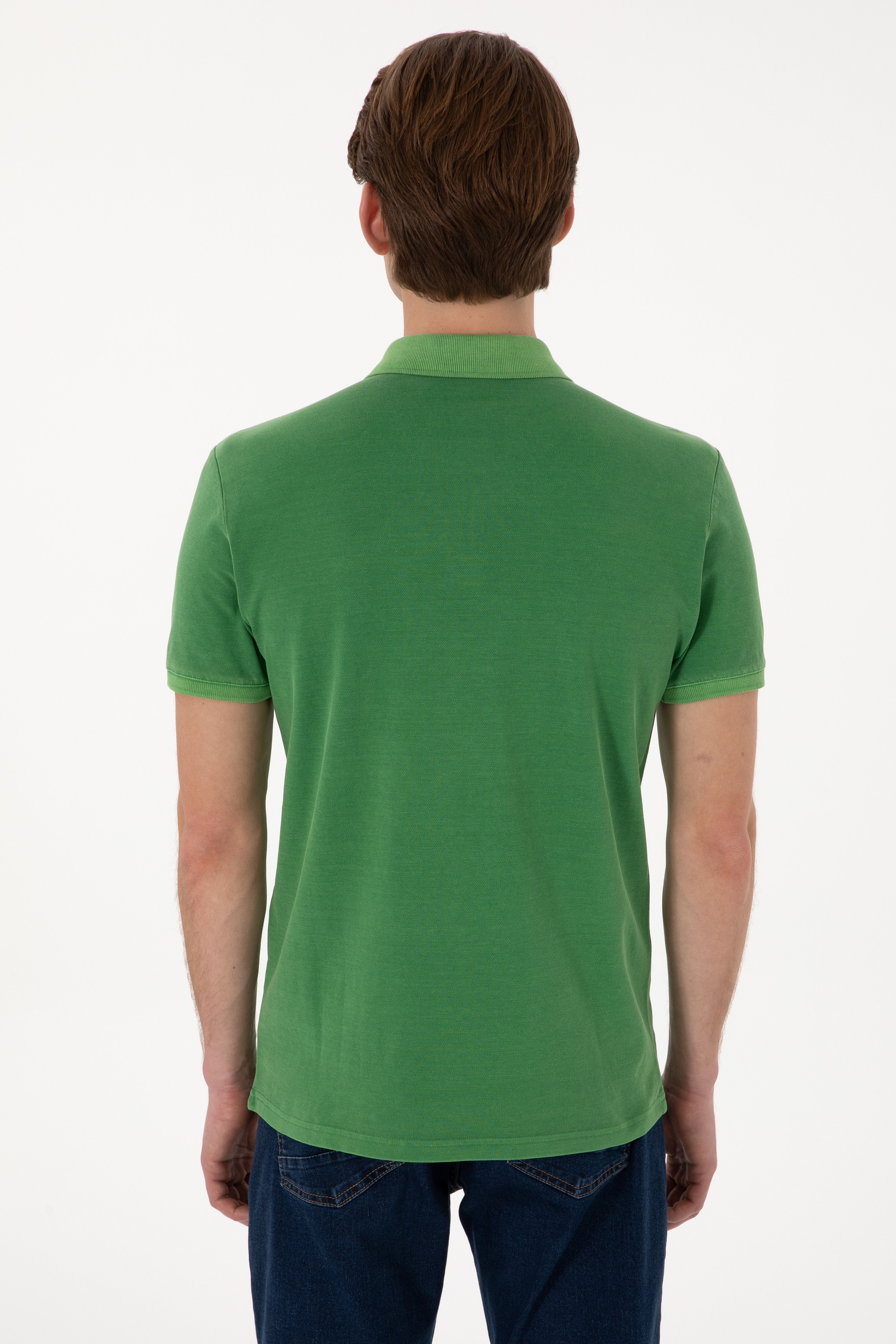 Erkek Slim Fit Polo Yaka Yeşil Yıkamalı Basic Tişört