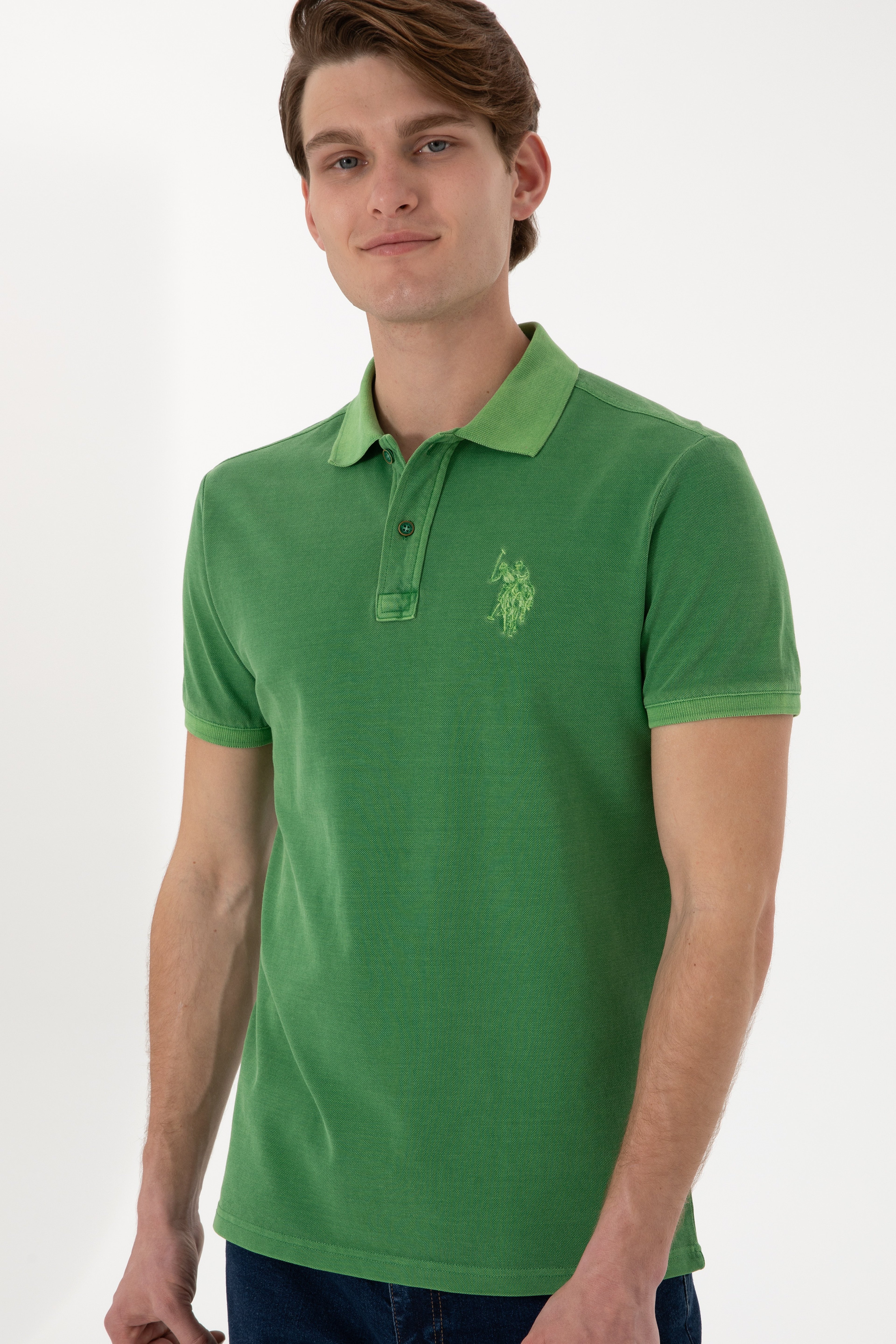 Erkek Slim Fit Polo Yaka Yeşil Yıkamalı Basic Tişört - Image 4