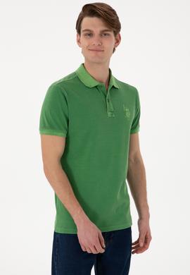 Erkek Slim Fit Polo Yaka Yeşil Yıkamalı Basic Tişört - 50305995016
