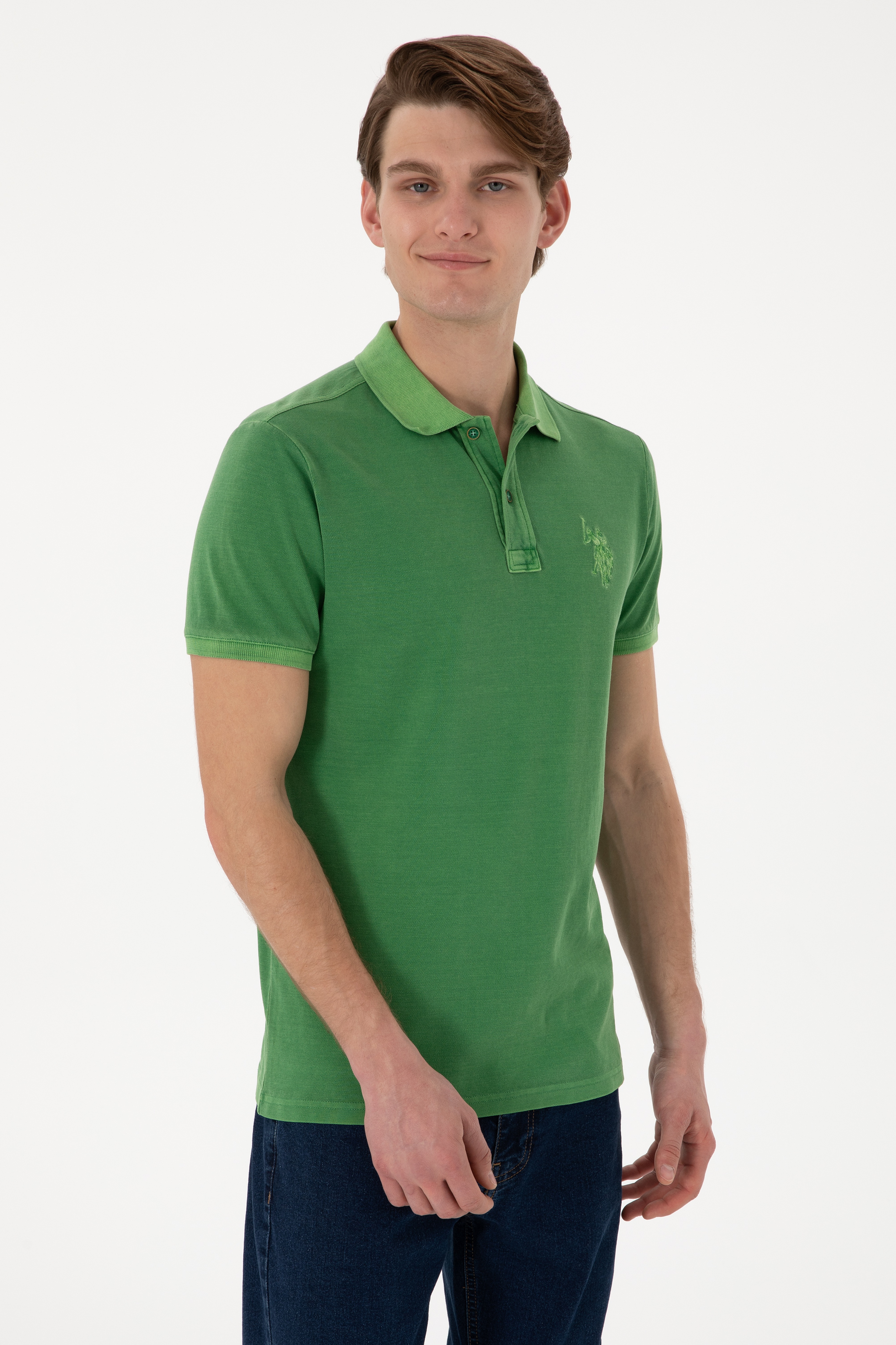 Erkek Slim Fit Polo Yaka Yeşil Yıkamalı Basic Tişört - Image 2