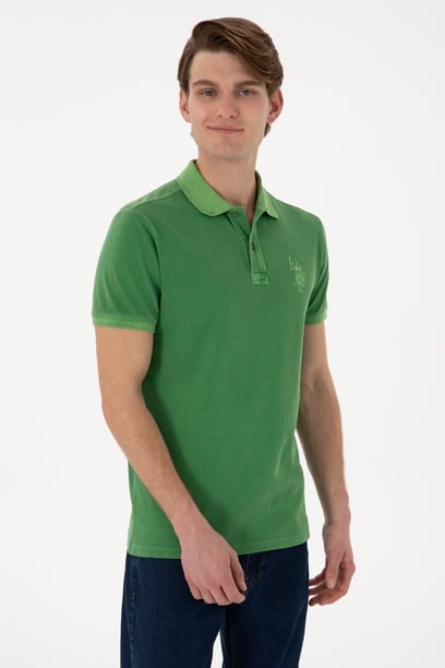 Erkek Slim Fit Polo Yaka Yeşil Yıkamalı Basic Tişört