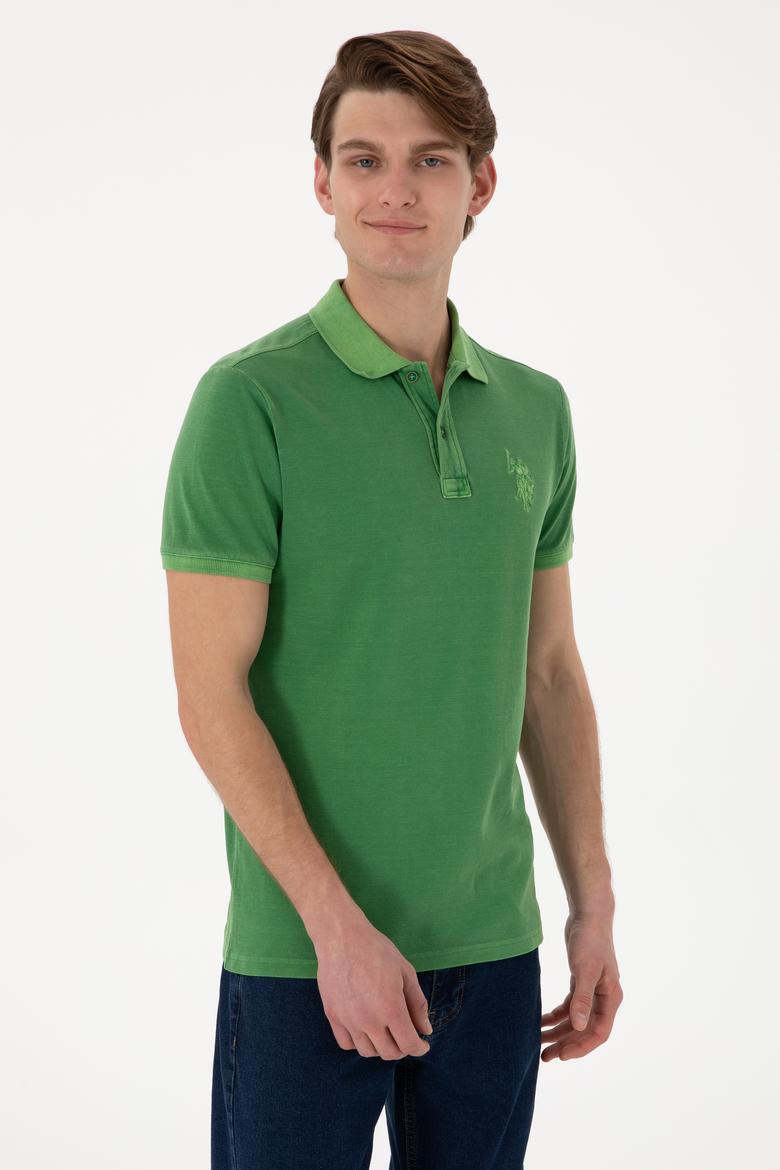 Erkek Slim Fit Polo Yaka Yeşil Yıkamalı Basic Tişört - 50305995016