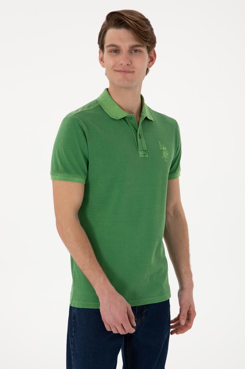 Erkek Slim Fit Polo Yaka Yeşil Yıkamalı Basic Tişört