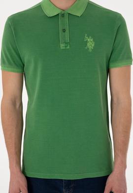 Erkek Slim Fit Polo Yaka Yeşil Yıkamalı Basic Tişört - 50305995016