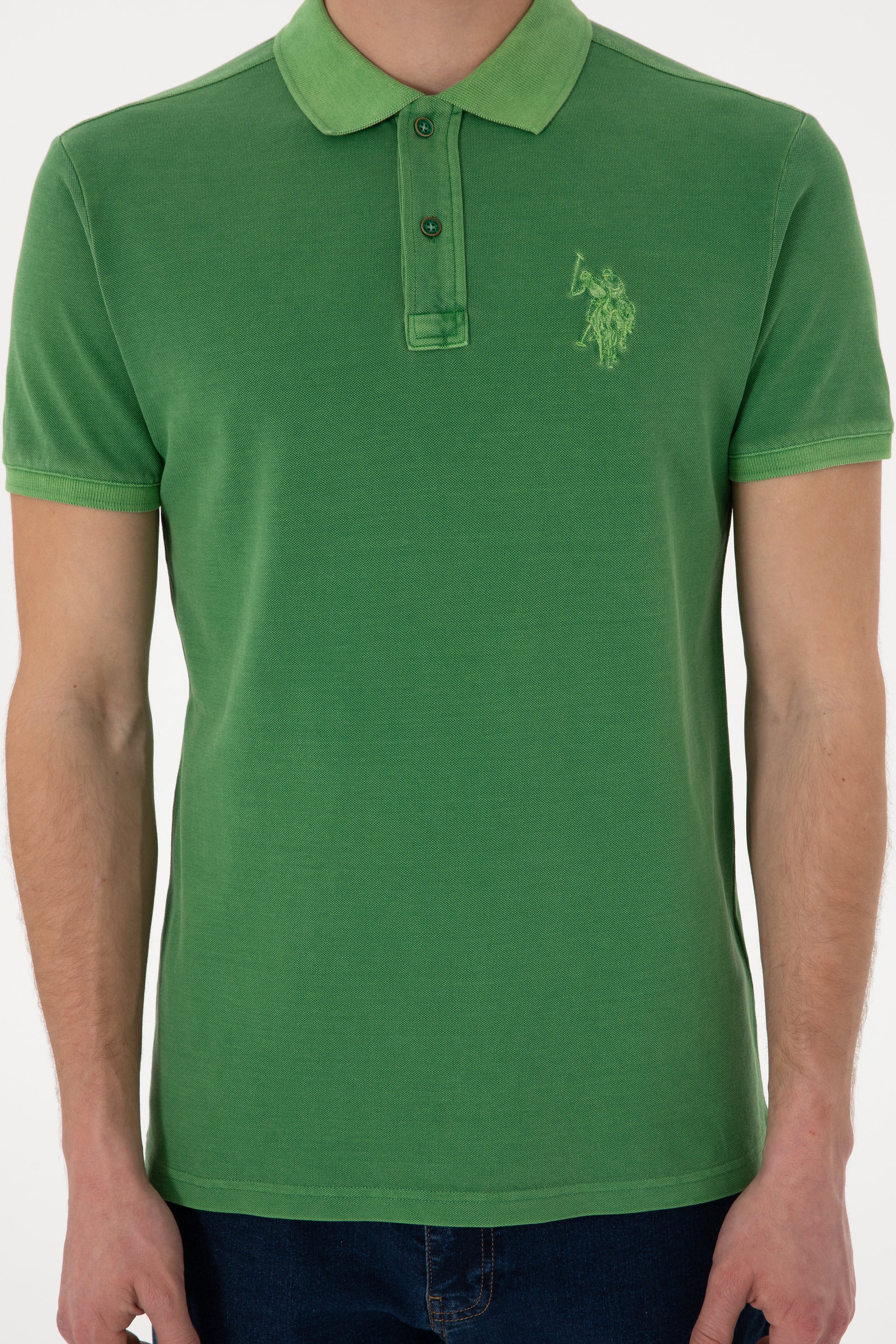 Erkek Slim Fit Polo Yaka Yeşil Yıkamalı Basic Tişört