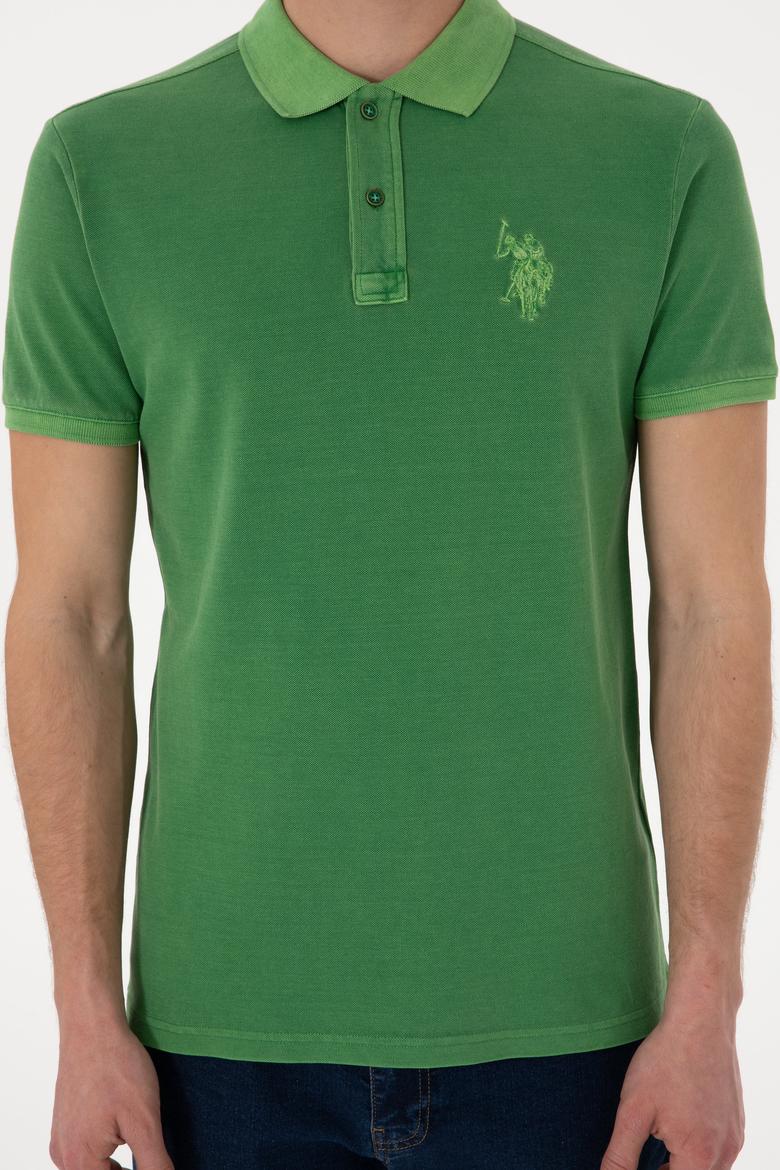 Erkek Slim Fit Polo Yaka Yeşil Yıkamalı Basic Tişört - 50305995016