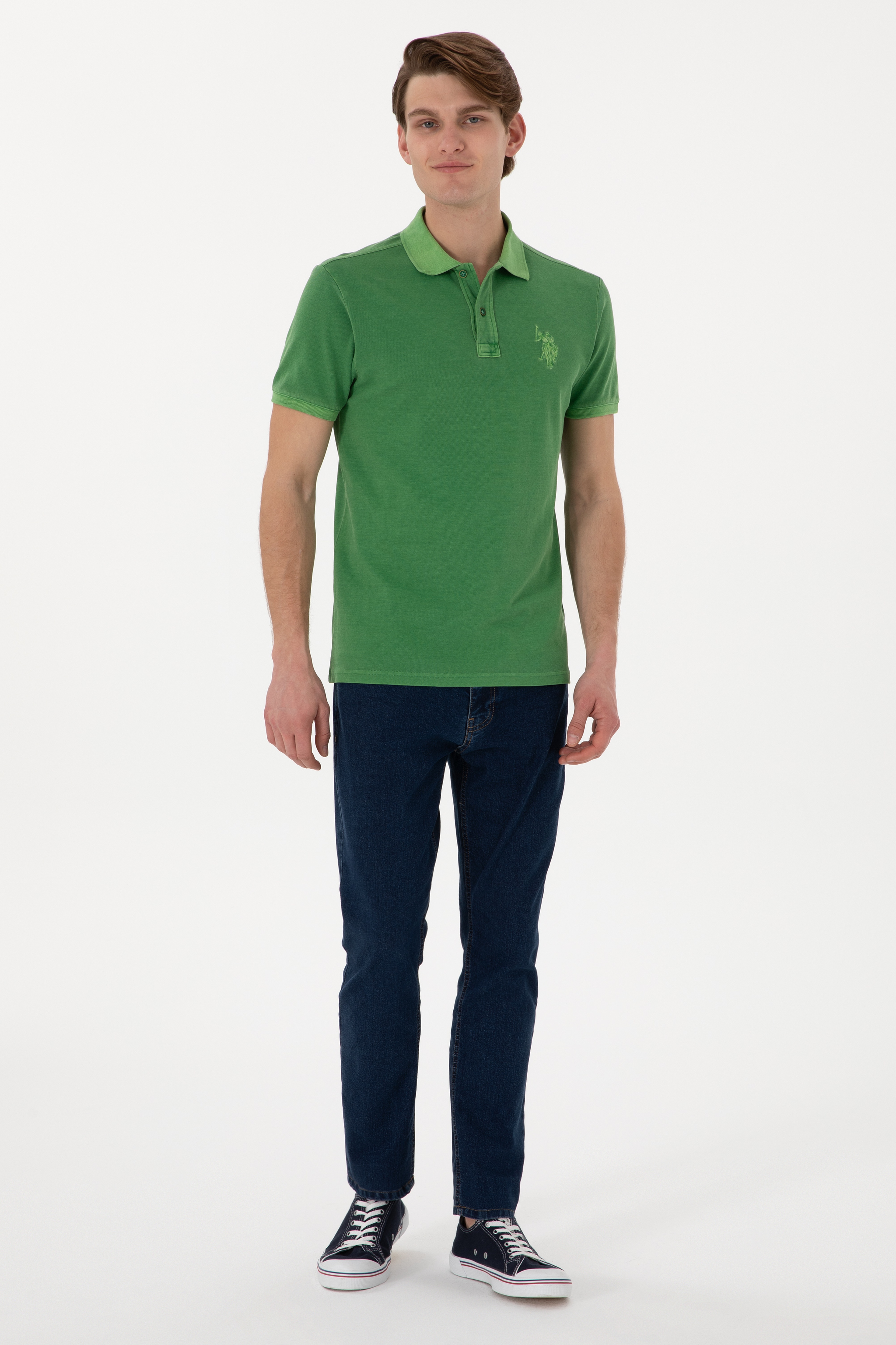 Erkek Slim Fit Polo Yaka Yeşil Yıkamalı Basic Tişört - Image 5
