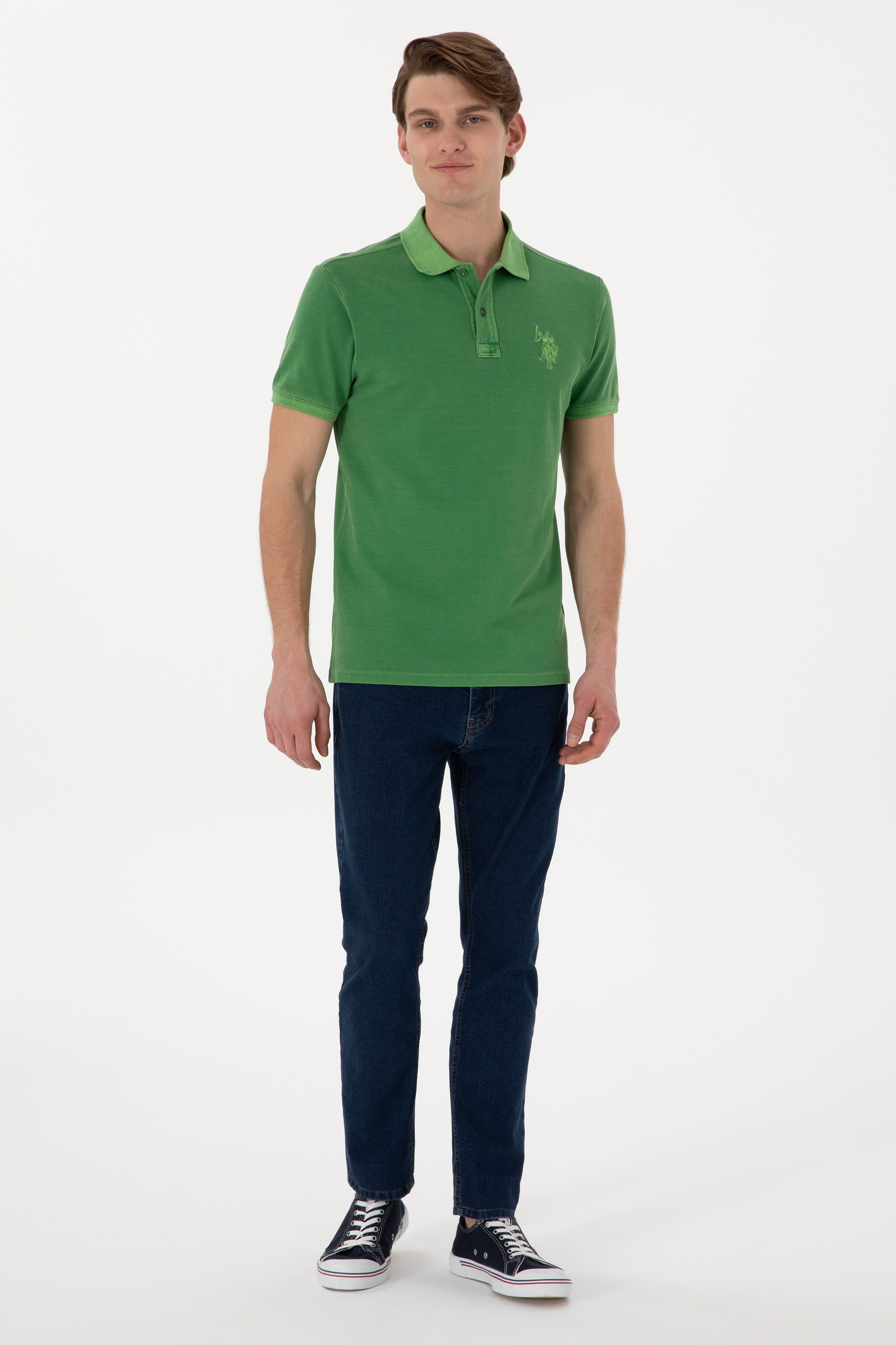 Erkek Slim Fit Polo Yaka Yeşil Yıkamalı Basic Tişört