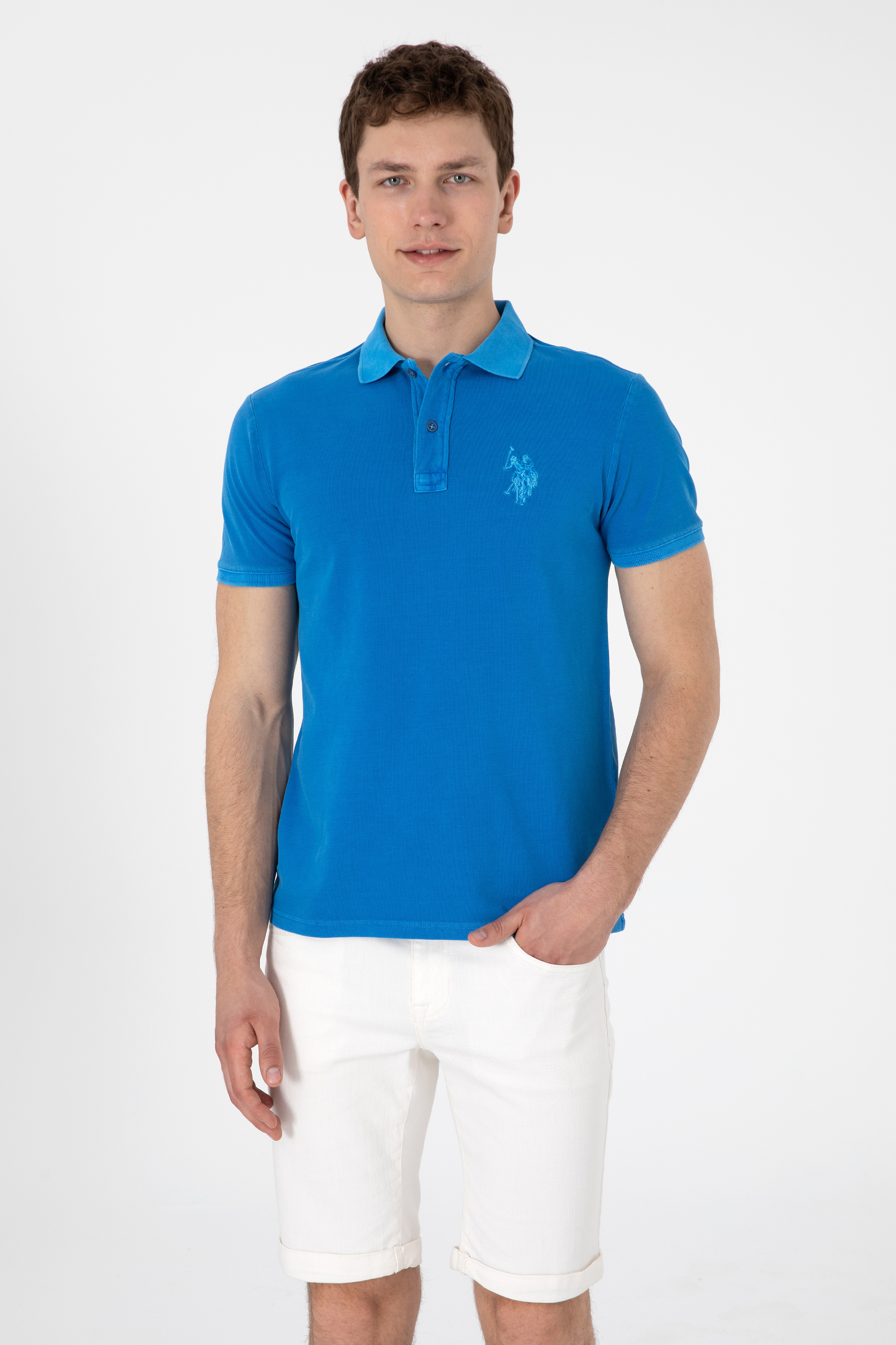 Erkek Slim Fit Polo Yaka Kobalt Yıkamalı Basic Tişört - Image 1