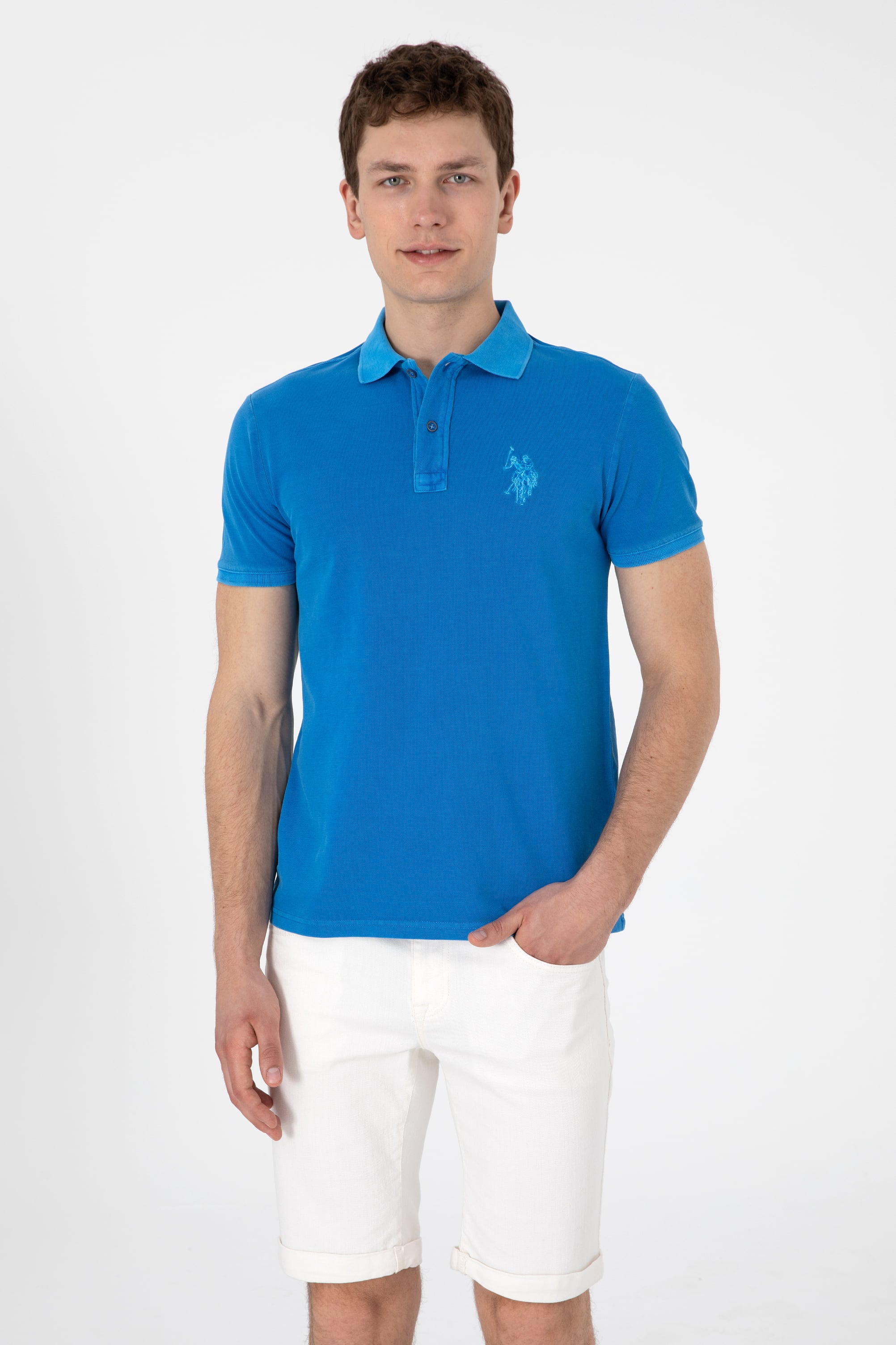 Erkek Slim Fit Polo Yaka Kobalt Yıkamalı Basic Tişört