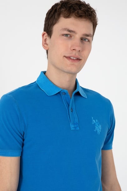 Erkek Slim Fit Polo Yaka Kobalt Yıkamalı Basic Tişört