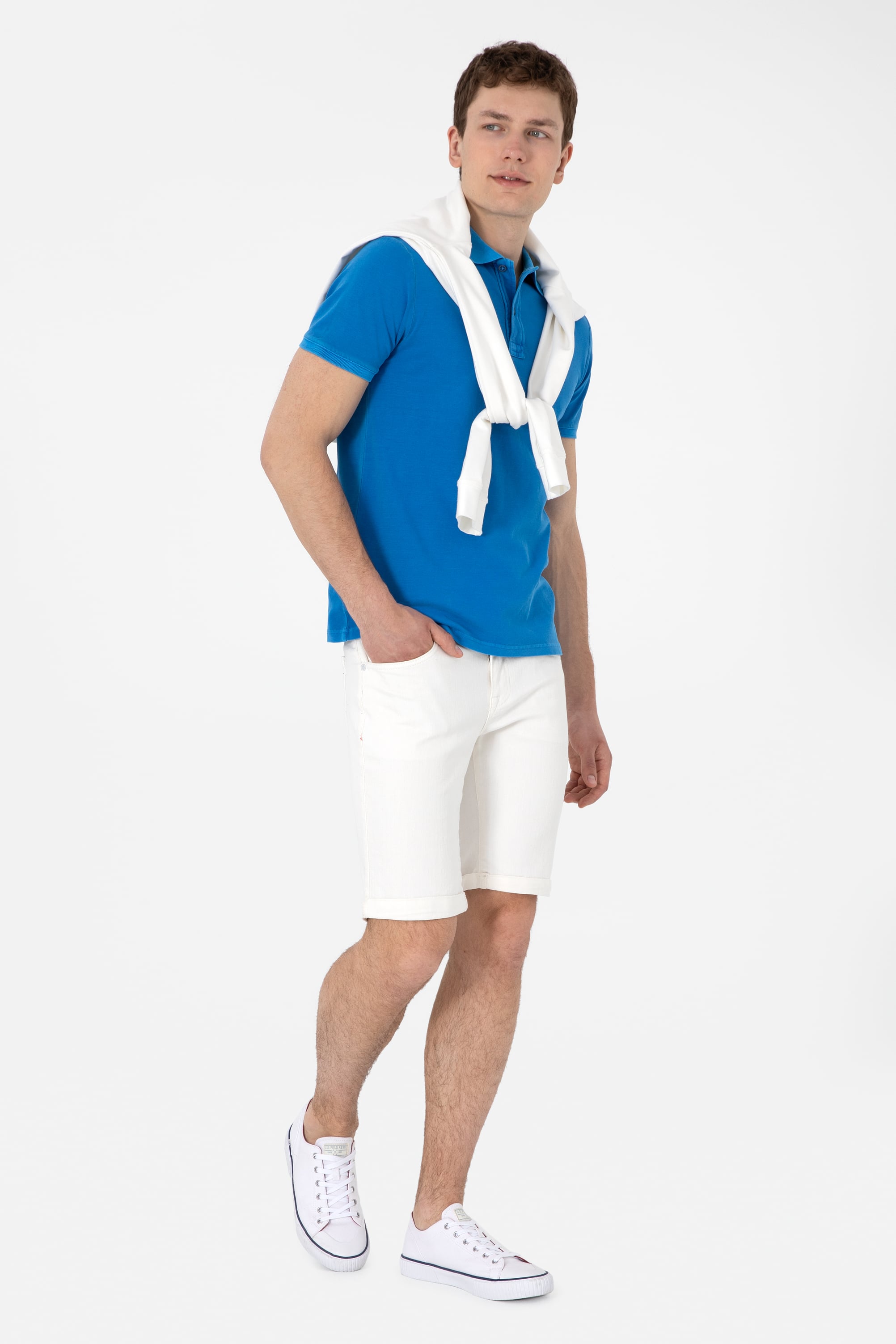 Erkek Slim Fit Polo Yaka Kobalt Yıkamalı Basic Tişört - Image 4