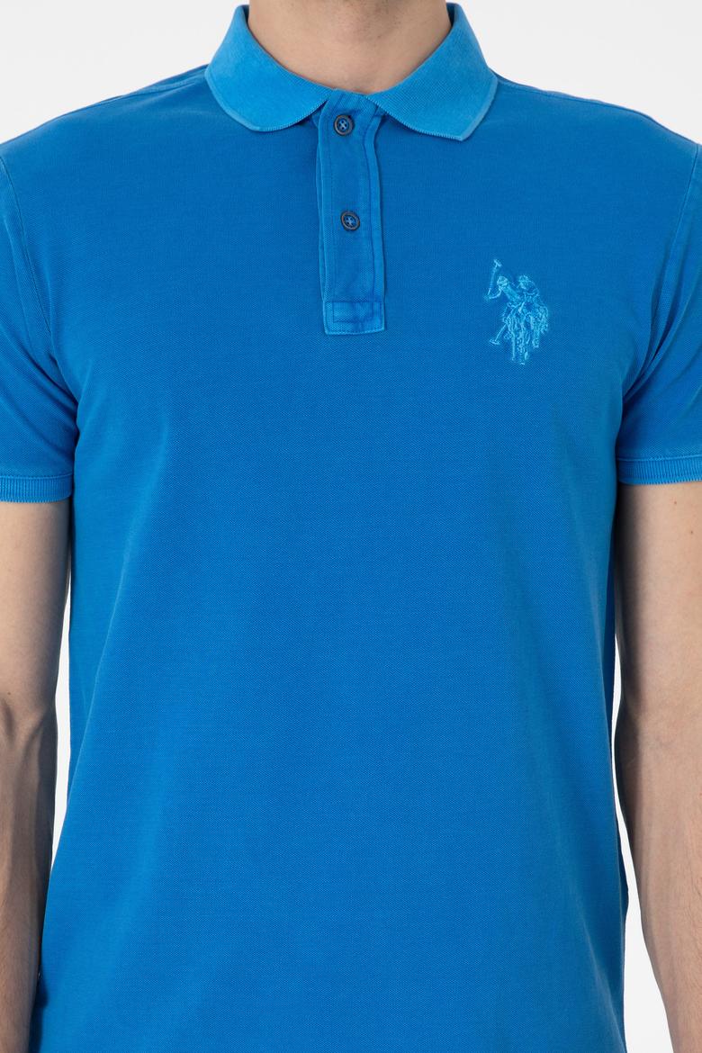 Erkek Slim Fit Polo Yaka Kobalt Yıkamalı Basic Tişört - 50305995056