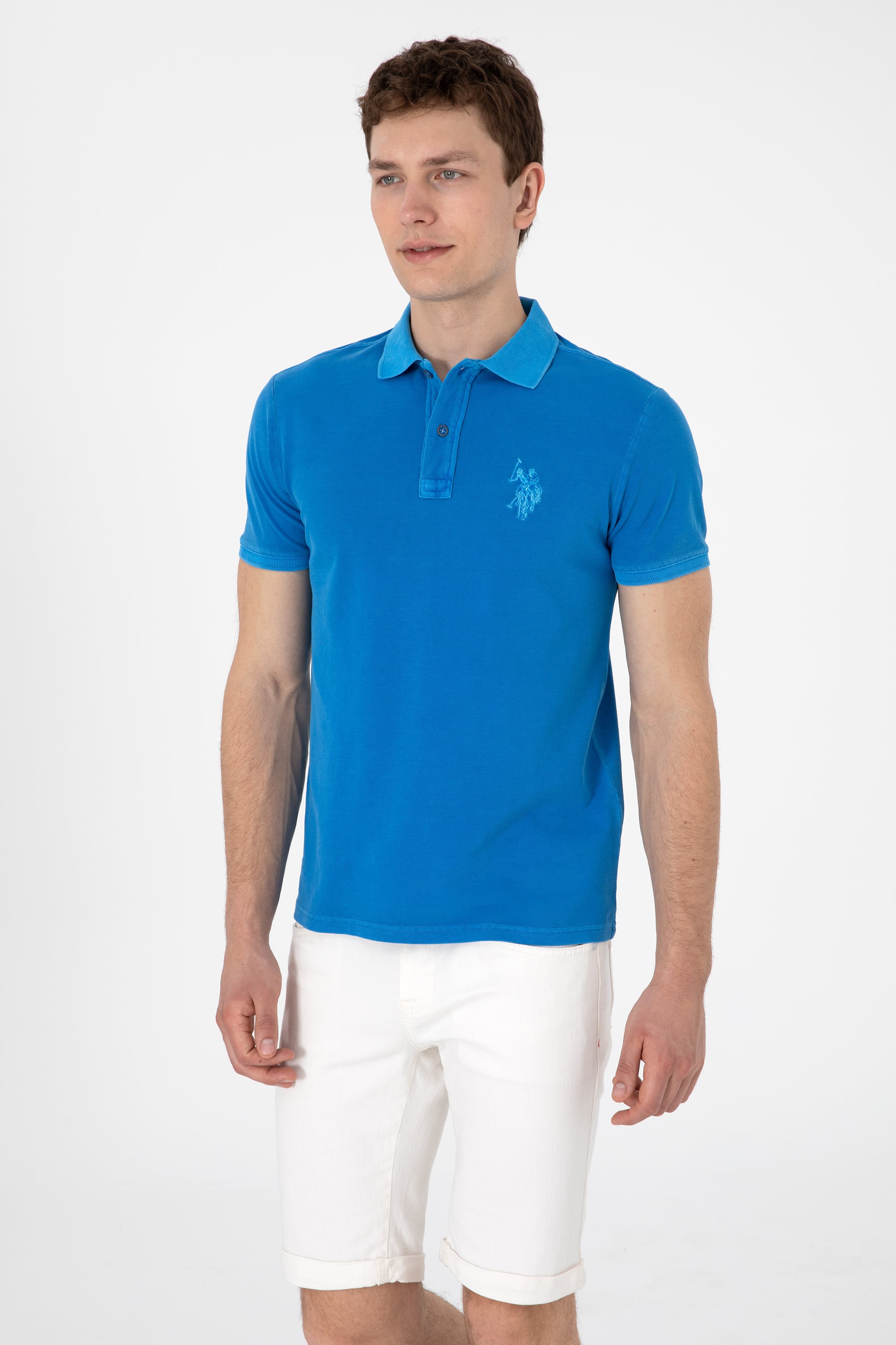 Erkek Slim Fit Polo Yaka Kobalt Yıkamalı Basic Tişört