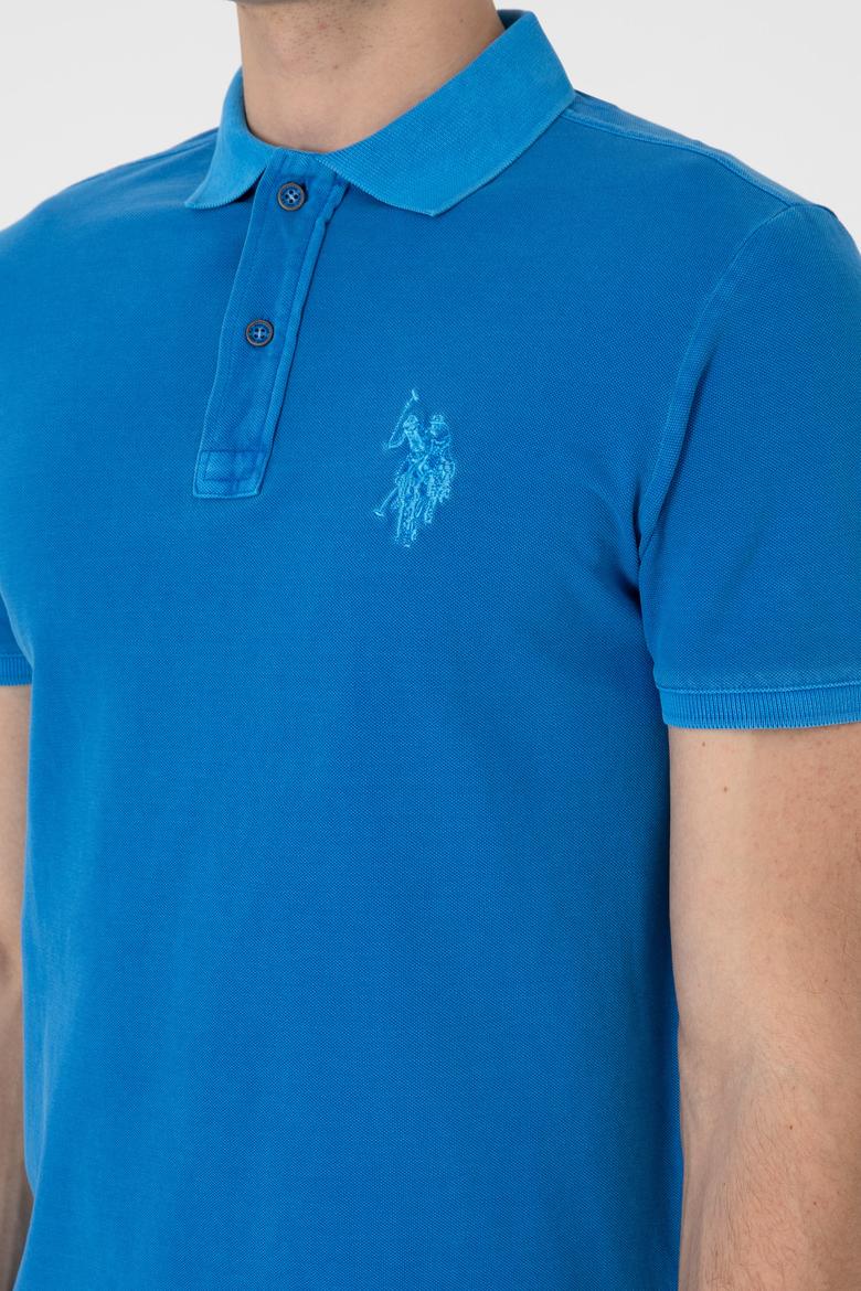 Erkek Slim Fit Polo Yaka Kobalt Yıkamalı Basic Tişört - 50305995056