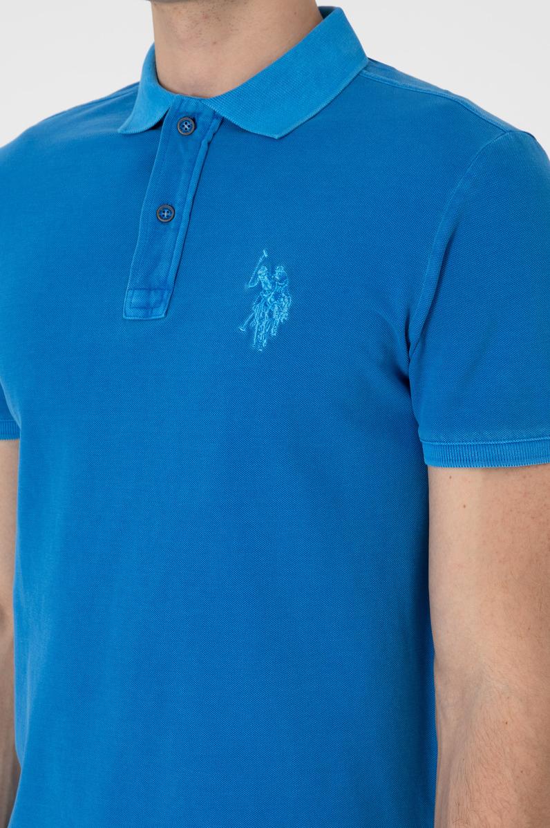 Erkek Slim Fit Polo Yaka Kobalt Yıkamalı Basic Tişört