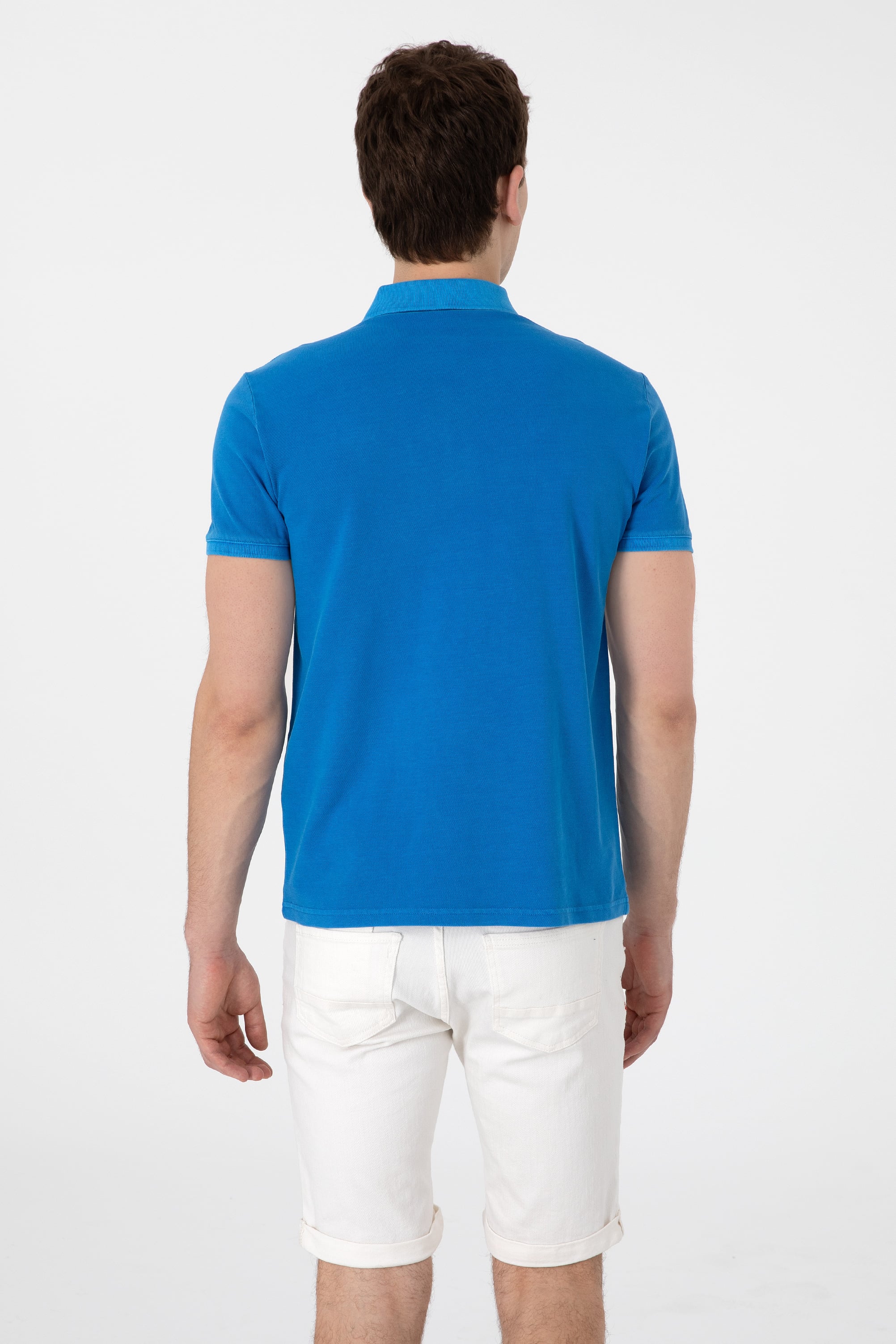 Erkek Slim Fit Polo Yaka Kobalt Yıkamalı Basic Tişört