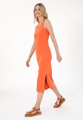 Kadın Nar Çiçeği Yırtmaçlı Kolsuz Bisiklet Yaka Midi Boy Örme Elbise - 50305872013