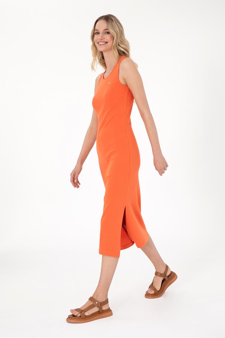 Kadın Nar Çiçeği Yırtmaçlı Kolsuz Bisiklet Yaka Midi Boy Örme Elbise