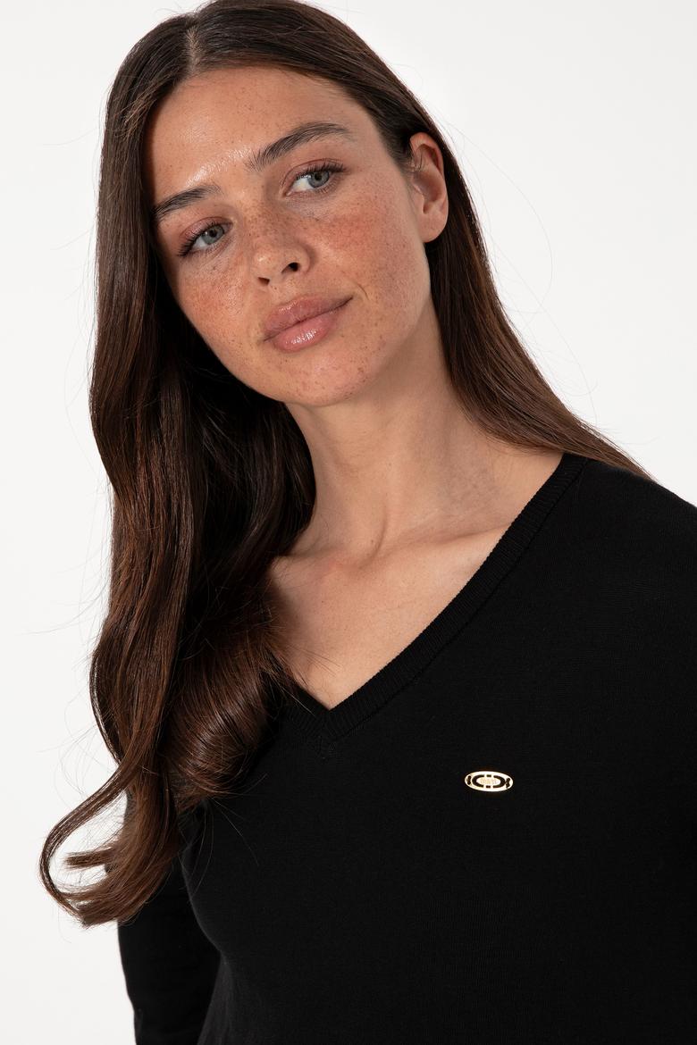 Kadın Siyah V Yaka Basic Kazak - 50288973043