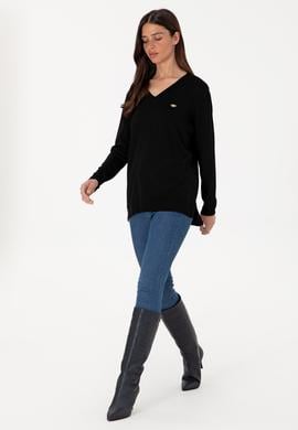 Kadın Siyah V Yaka Basic Kazak - 50288973043