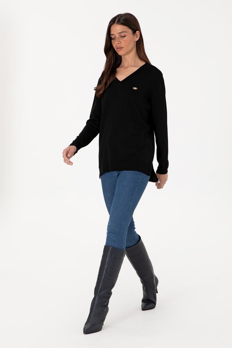 Kadın Siyah V Yaka Basic Kazak - 50288973043