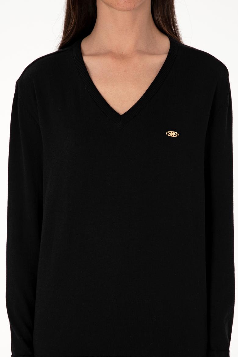 Kadın Siyah V Yaka Basic Kazak - 50288973043