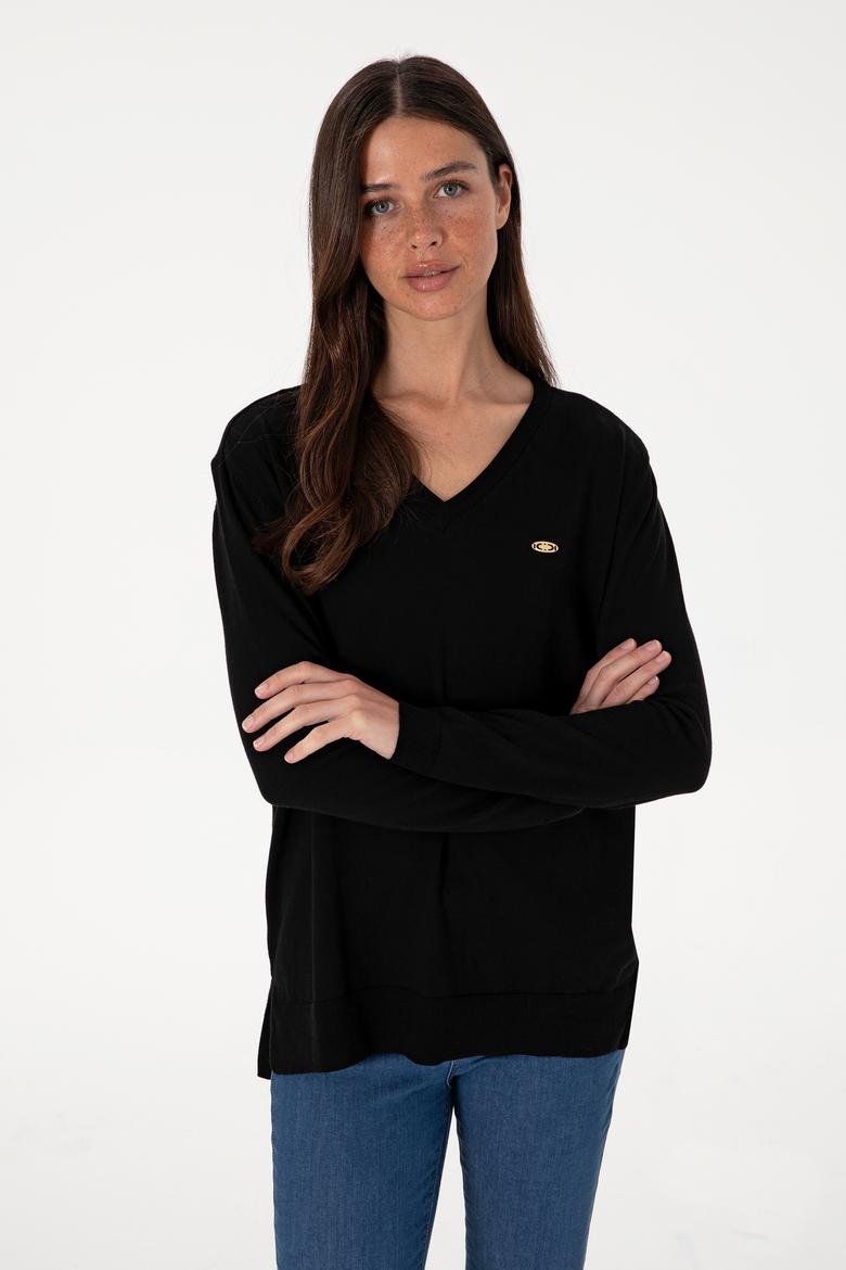 Kadın Siyah V Yaka Basic Kazak - 50288973043
