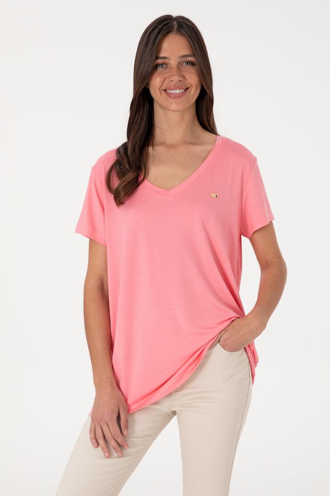 Kadın Pembe Modal Karışımlı V Yaka Basic Tişört