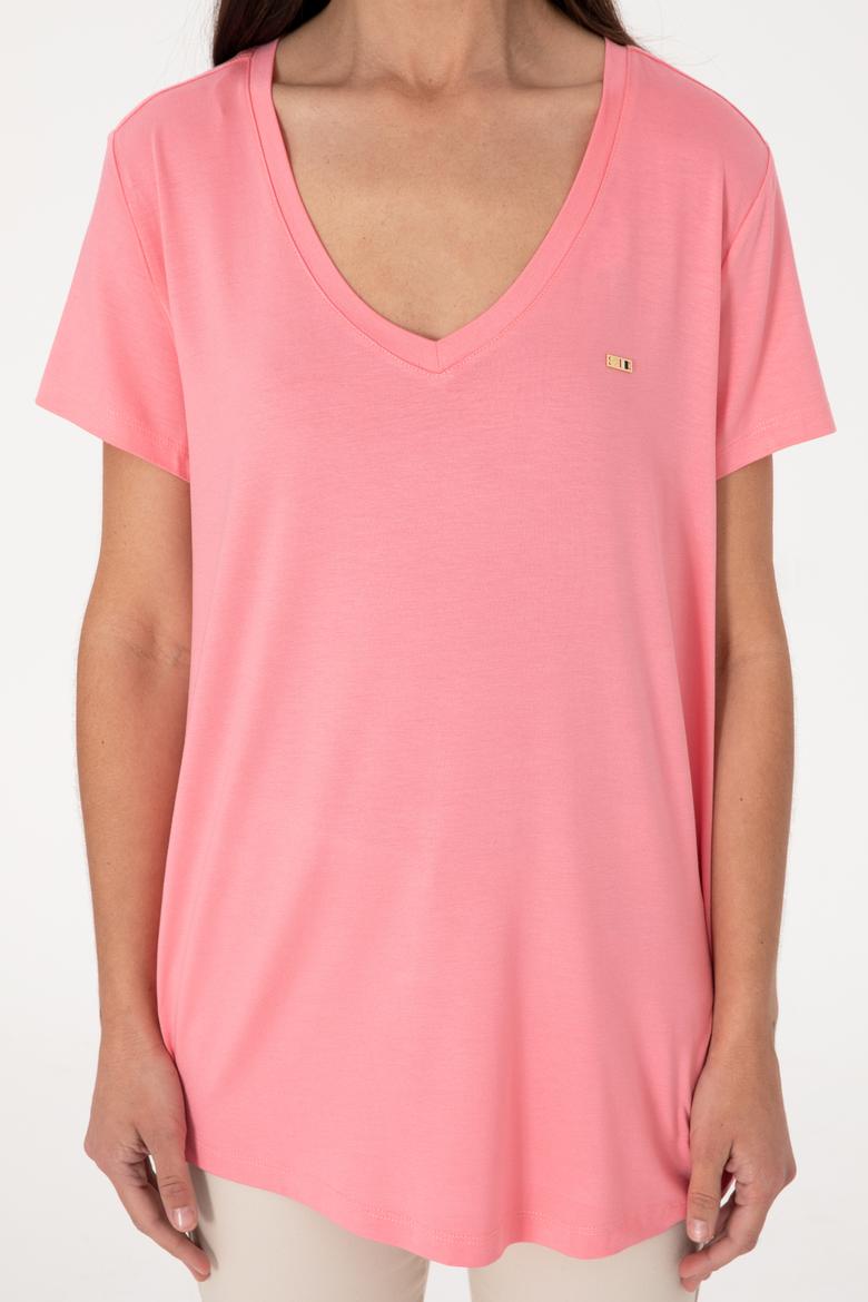 Kadın Pembe Modal Karışımlı V Yaka Basic Tişört - 50305773085