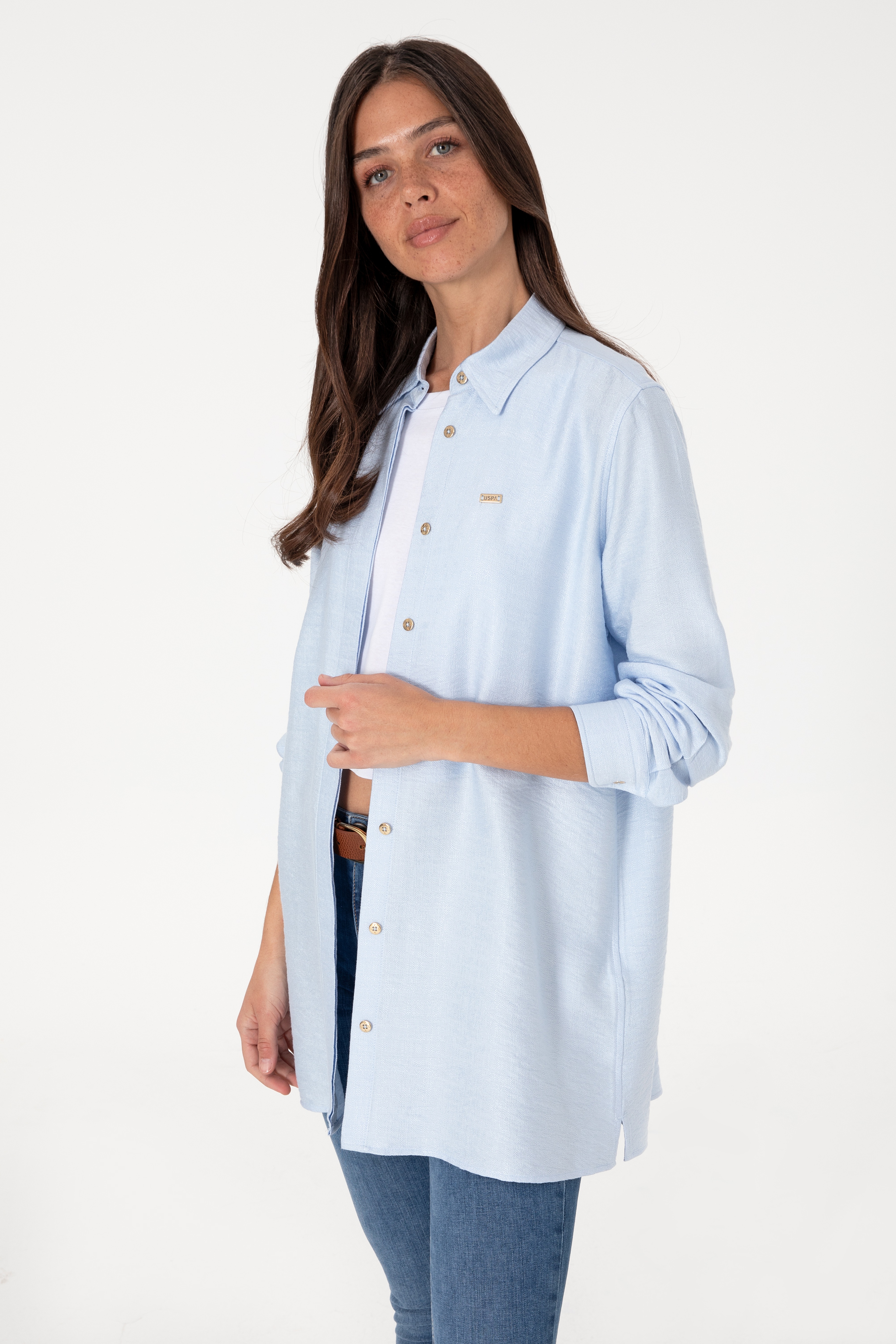 Kadın Açık Mavi Dokuma Tunik Gömlek - Image 1