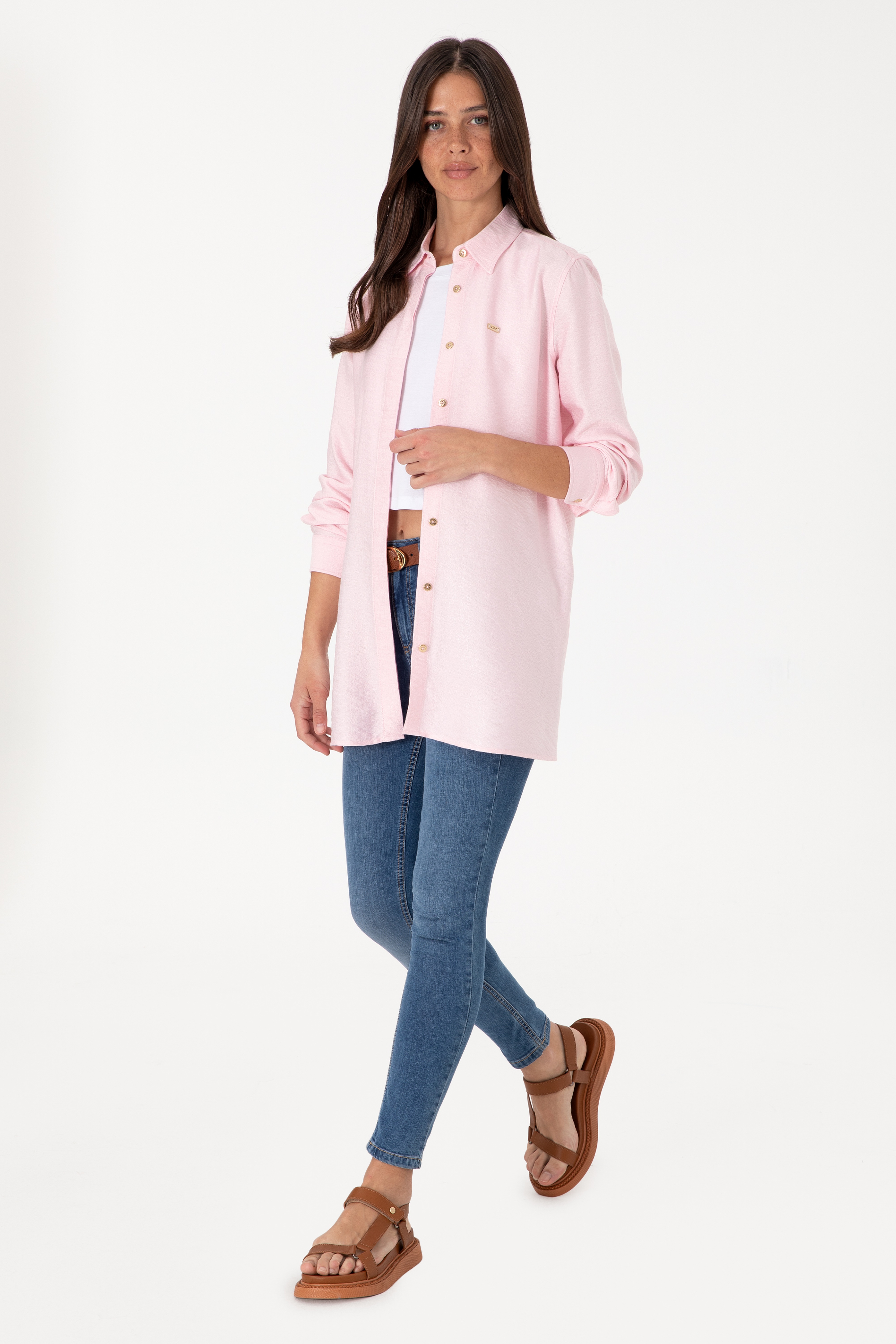 Kadın Açık Pembe Dokuma Tunik Gömlek - Image 4