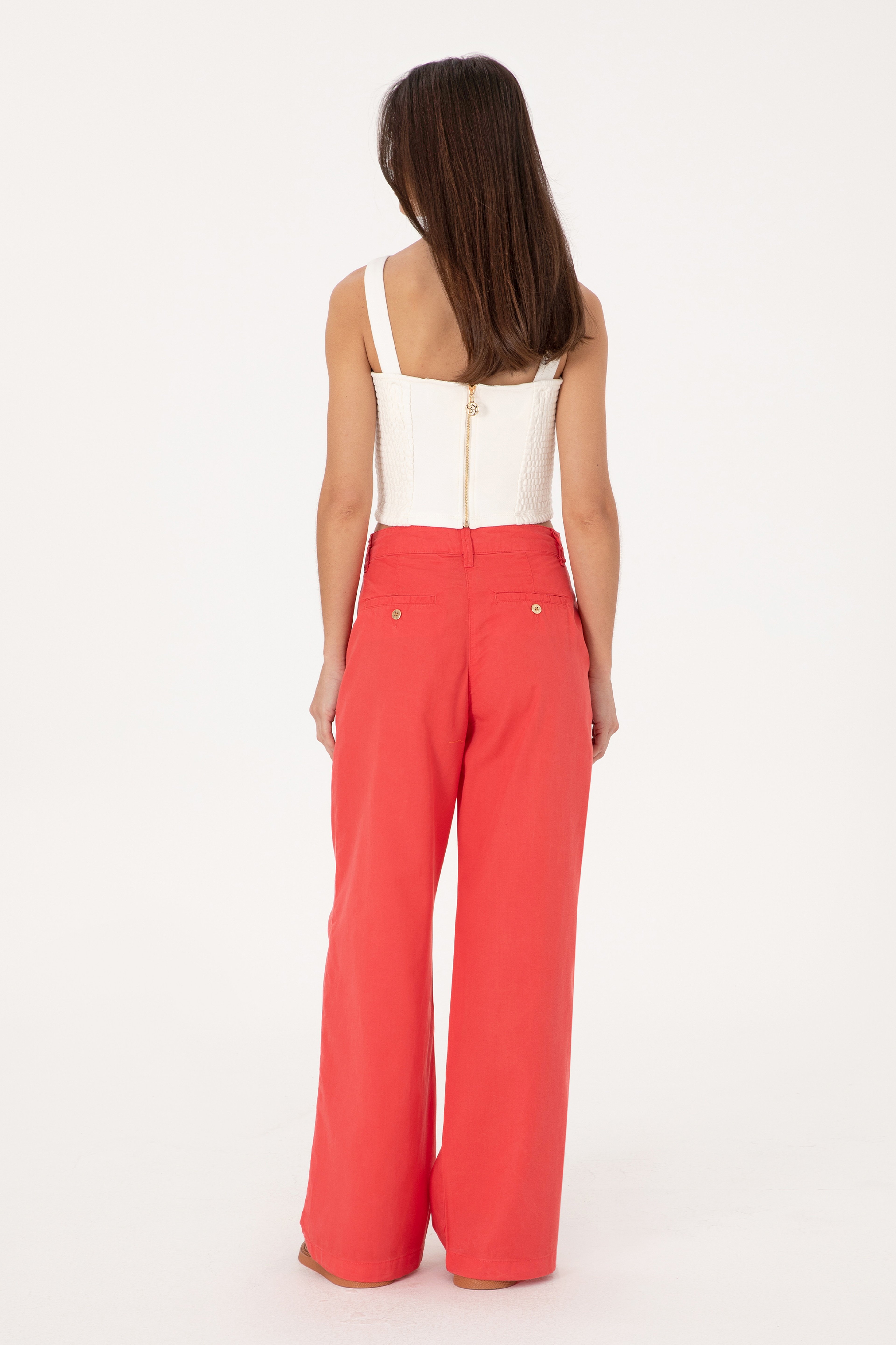 Kadın Kırmızı Loose Fit Kanvas Pantolon - Image 4