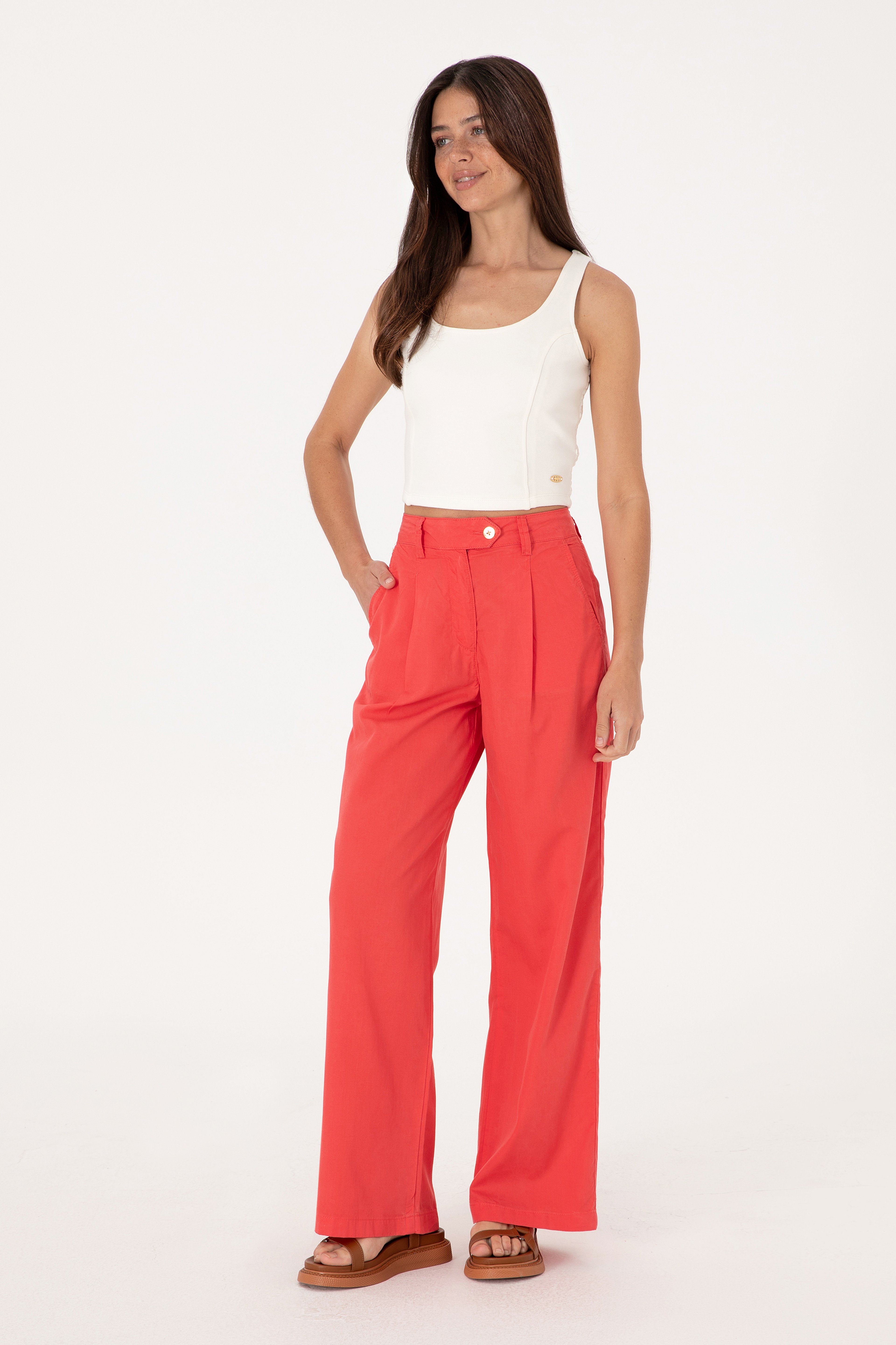 Kadın Kırmızı Loose Fit Kanvas Pantolon