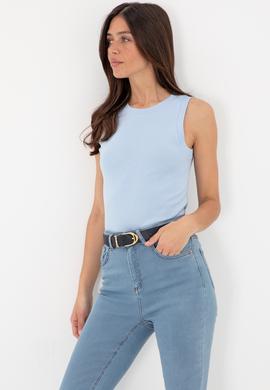 Kadın Açık Mavi Kolsuz Bisiklet Yaka Basic Tişört - 50305841102