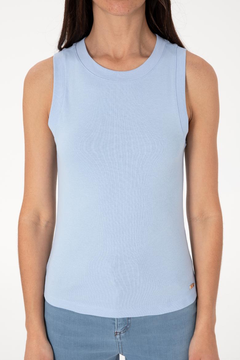 Kadın Açık Mavi Kolsuz Bisiklet Yaka Basic Tişört - 50305841102