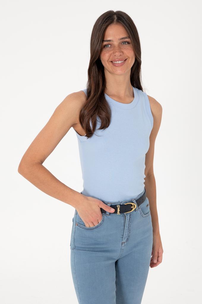 Kadın Açık Mavi Kolsuz Bisiklet Yaka Basic Tişört