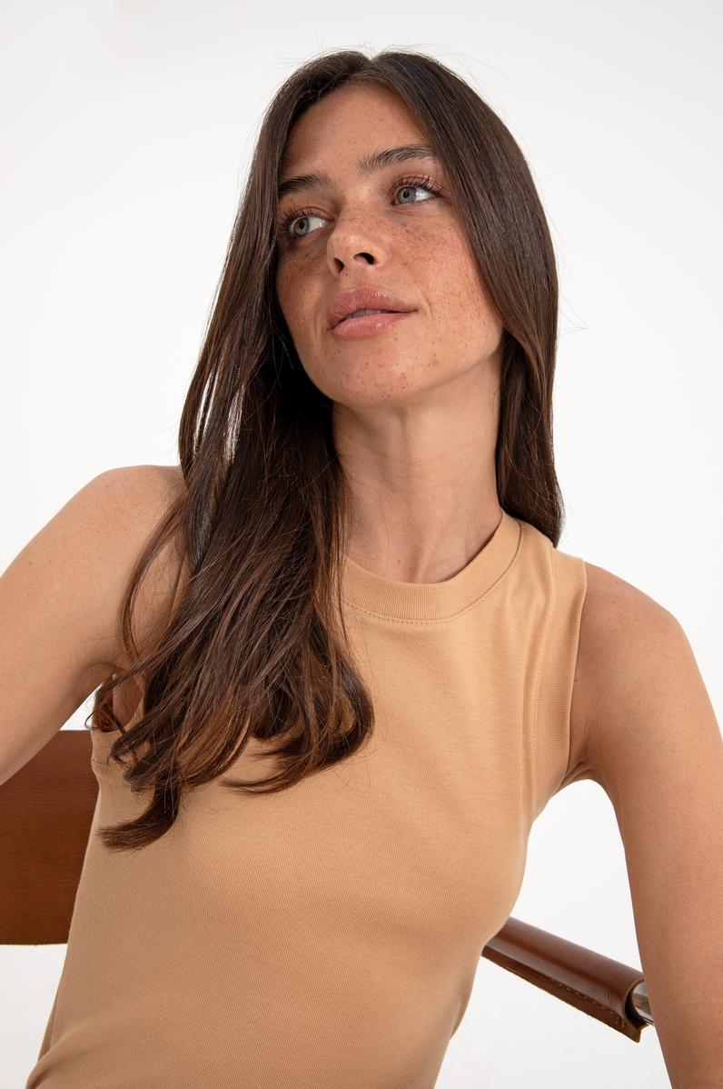 Kadın Camel Kolsuz Bisiklet Yaka Basic Tişört