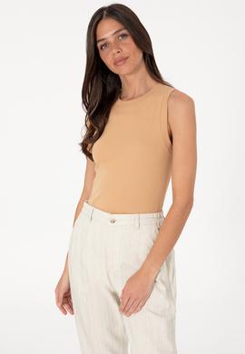 Kadın Camel Kolsuz Bisiklet Yaka Basic Tişört - 50305841014