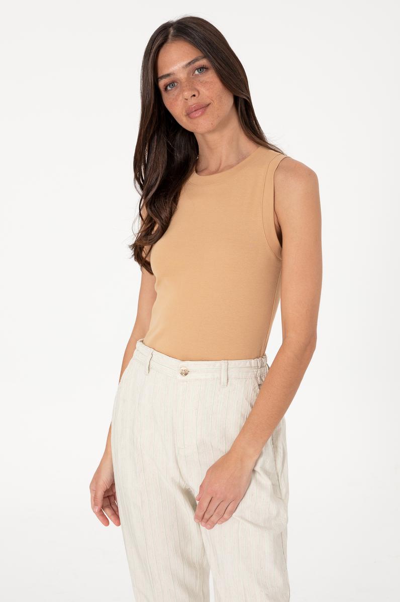 Kadın Camel Kolsuz Bisiklet Yaka Basic Tişört